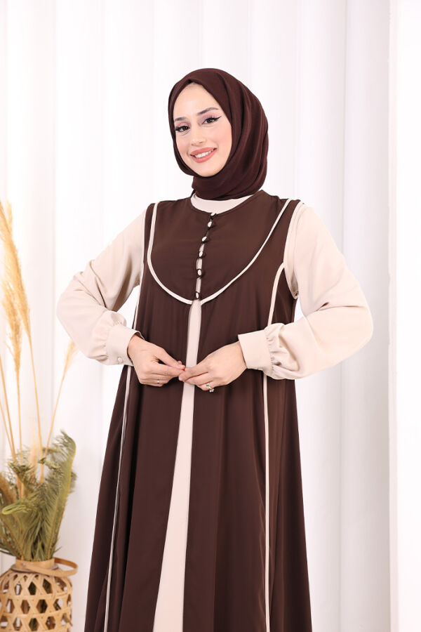 Düğme Detaylı Yelekli Elbise Takım 7060 Taş - 5