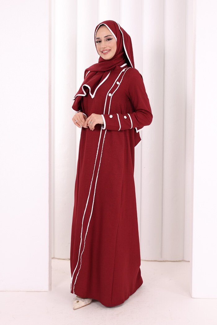 Düğme ve Şerit Detay Elbise Şal Hediye! 6060 Bordo - 3