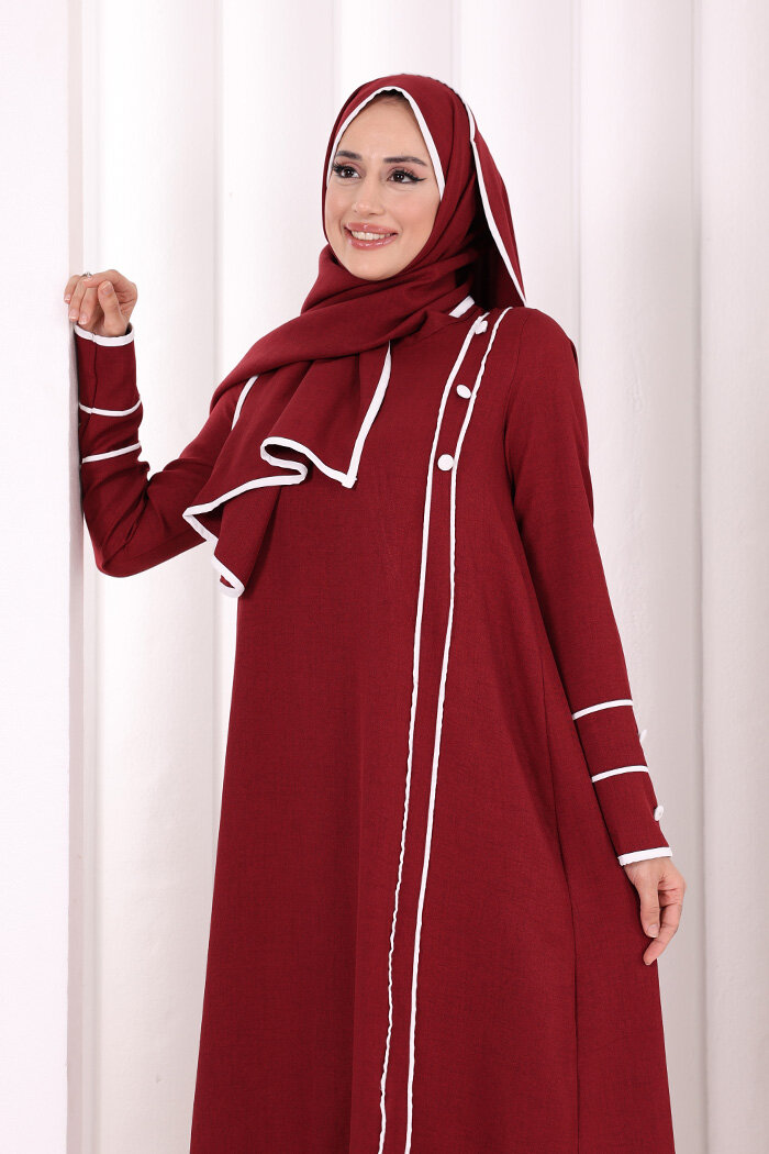Düğme ve Şerit Detay Elbise Şal Hediye! 6060 Bordo - 5