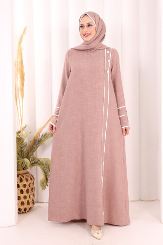 Düğme ve Şerit Detay Elbise Şal Hediye! 6060 Gül Kurusu