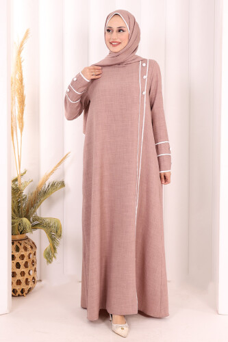 Düğme ve Şerit Detay Elbise Şal Hediye! 6060 Gül Kurusu - 2