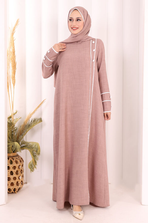 Düğme ve Şerit Detay Elbise Şal Hediye! 6060 Gül Kurusu - 2