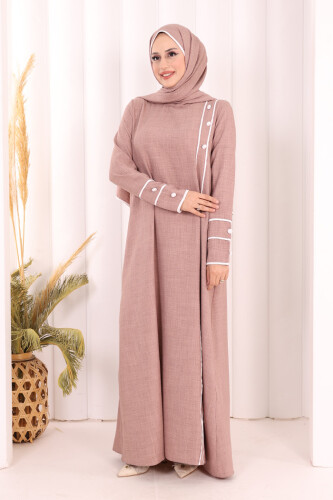Düğme ve Şerit Detay Elbise Şal Hediye! 6060 Gül Kurusu - 3