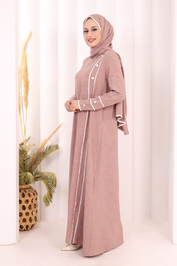 Düğme ve Şerit Detay Elbise Şal Hediye! 6060 Gül Kurusu - 4