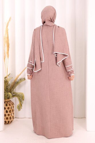 Düğme ve Şerit Detay Elbise Şal Hediye! 6060 Gül Kurusu - 5