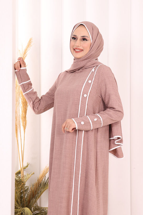 Düğme ve Şerit Detay Elbise Şal Hediye! 6060 Gül Kurusu - 6