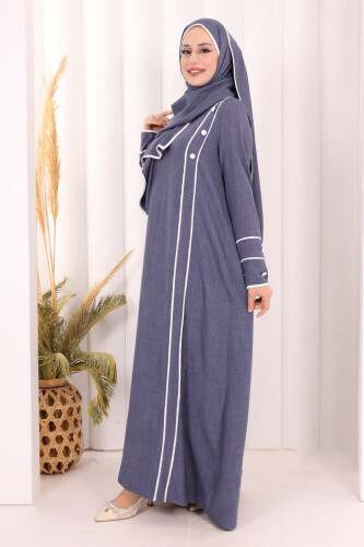 Düğme ve Şerit Detay Elbise Şal Hediye! 6060 Lacivert - 3