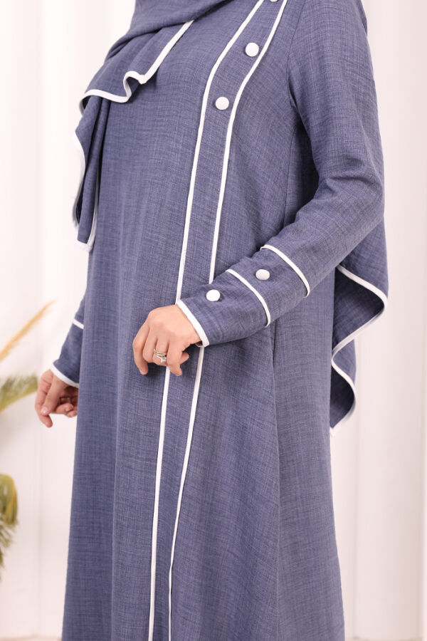 Düğme ve Şerit Detay Elbise Şal Hediye! 6060 Lacivert - 6