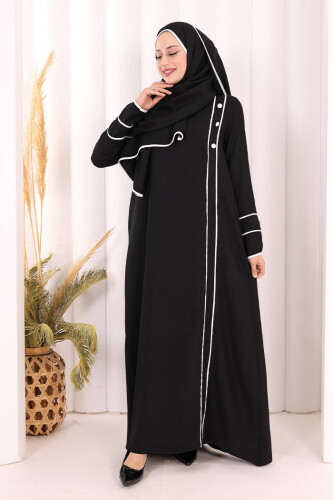Düğme ve Şerit Detay Elbise Şal Hediye! 6060 Siyah