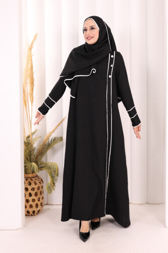 Düğme ve Şerit Detay Elbise Şal Hediye! 6060 Siyah - 2