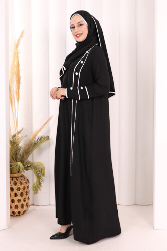 Düğme ve Şerit Detay Elbise Şal Hediye! 6060 Siyah - 3