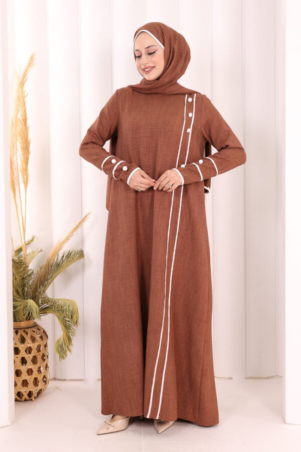 Düğme ve Şerit Detay Elbise Şal Hediye! 6060 Taba - 1