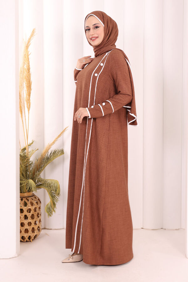 Düğme ve Şerit Detay Elbise Şal Hediye! 6060 Taba - 2