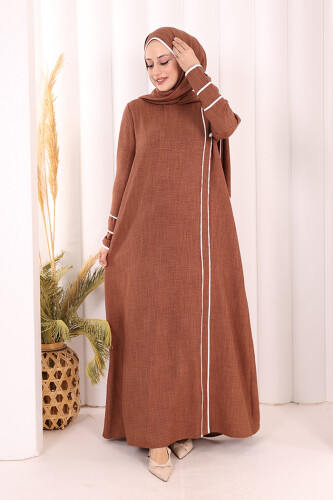 Düğme ve Şerit Detay Elbise Şal Hediye! 6060 Taba - 3