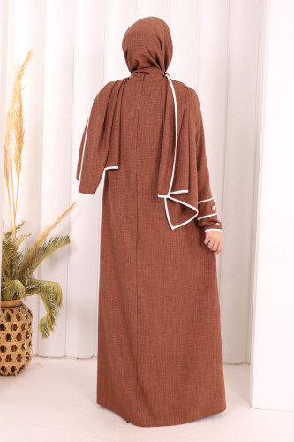 Düğme ve Şerit Detay Elbise Şal Hediye! 6060 Taba - 4