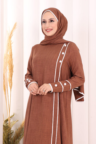 Düğme ve Şerit Detay Elbise Şal Hediye! 6060 Taba - 5