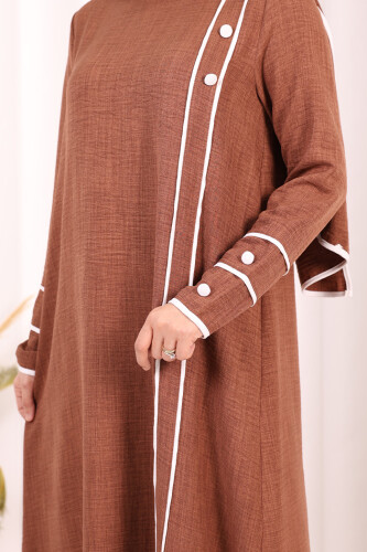 Düğme ve Şerit Detay Elbise Şal Hediye! 6060 Taba - 6