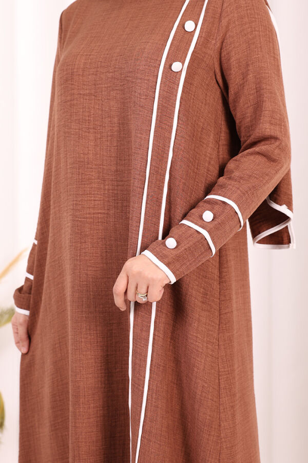 Düğme ve Şerit Detay Elbise Şal Hediye! 6060 Taba - 6