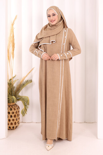 Düğme ve Şerit Detay Elbise Şal Hediye! 6060 Vizon - 2