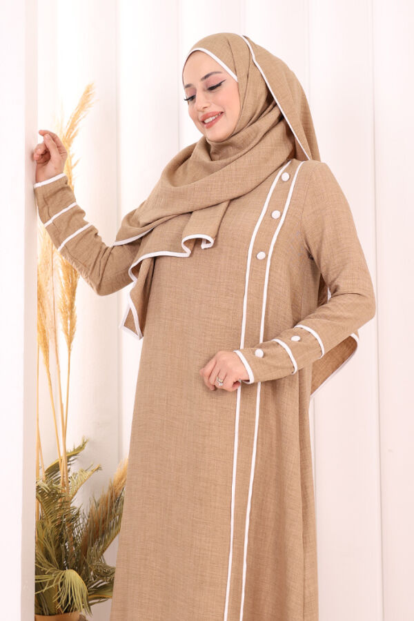 Düğme ve Şerit Detay Elbise Şal Hediye! 6060 Vizon - 5