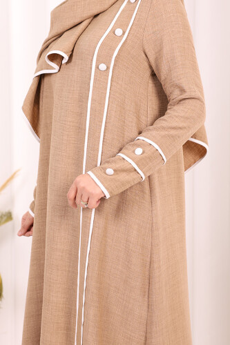 Düğme ve Şerit Detay Elbise Şal Hediye! 6060 Vizon - 6