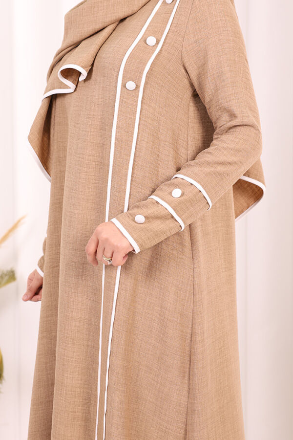 Düğme ve Şerit Detay Elbise Şal Hediye! 6060 Vizon - 6