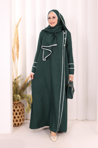 Düğme ve Şerit Detay Elbise Şal Hediye! 6060 Zümrüt