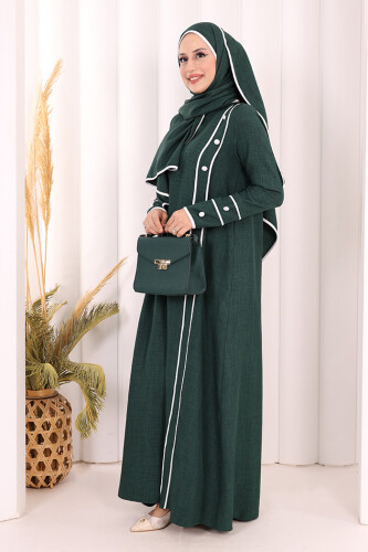 Düğme ve Şerit Detay Elbise Şal Hediye! 6060 Zümrüt - 2