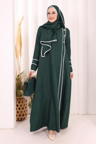 Düğme ve Şerit Detay Elbise Şal Hediye! 6060 Zümrüt - 3