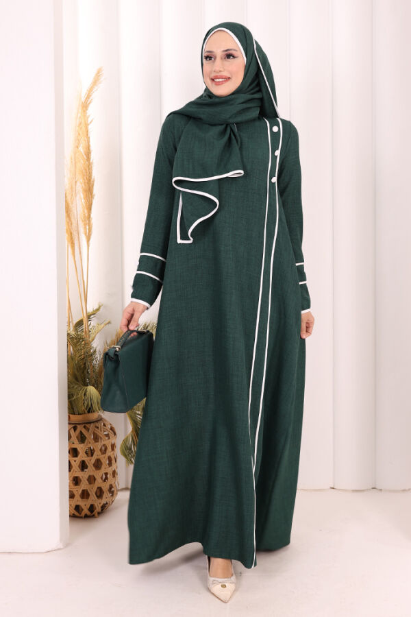 Düğme ve Şerit Detay Elbise Şal Hediye! 6060 Zümrüt - 3