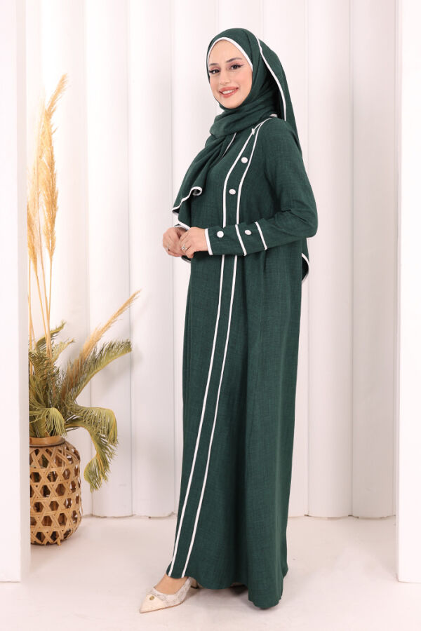 Düğme ve Şerit Detay Elbise Şal Hediye! 6060 Zümrüt - 4