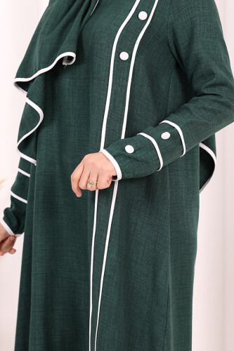 Düğme ve Şerit Detay Elbise Şal Hediye! 6060 Zümrüt - 7