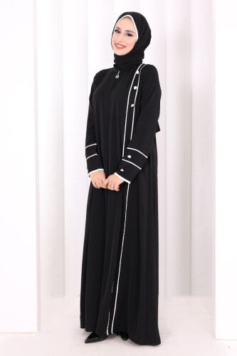 Düğme ve Şerit Detay Fermuarlı Ferace 7072 Siyah - 2
