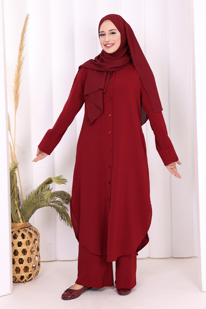 Düğmeli Cepli Tunik ve Pantolon İkili Takım 8682 Bordo