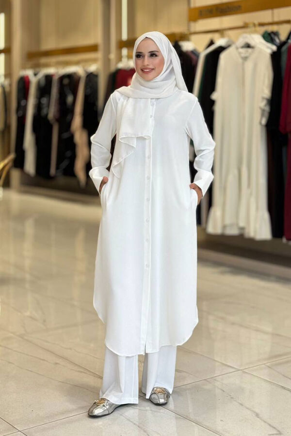 Düğmeli Cepli Tunik ve Pantolon İkili Takım 8682 Ekru - 1