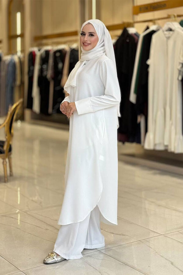 Düğmeli Cepli Tunik ve Pantolon İkili Takım 8682 Ekru - 3