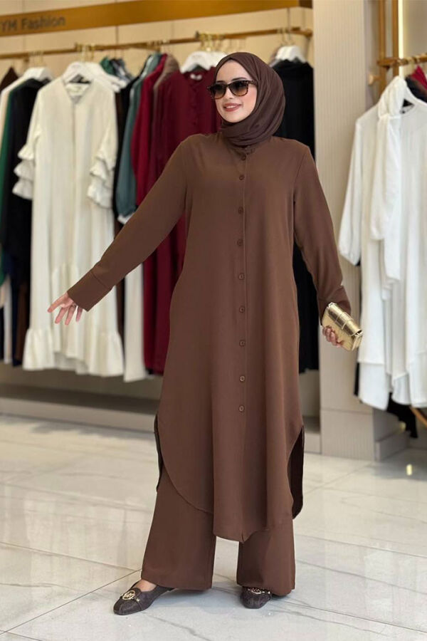 Düğmeli Cepli Tunik ve Pantolon İkili Takım 8682 Kahverengi - 1