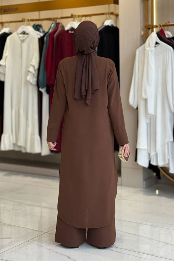 Düğmeli Cepli Tunik ve Pantolon İkili Takım 8682 Kahverengi - 2