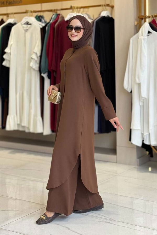 Düğmeli Cepli Tunik ve Pantolon İkili Takım 8682 Kahverengi - 3