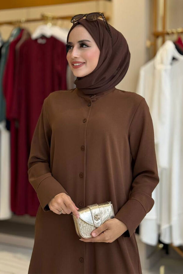 Düğmeli Cepli Tunik ve Pantolon İkili Takım 8682 Kahverengi - 4