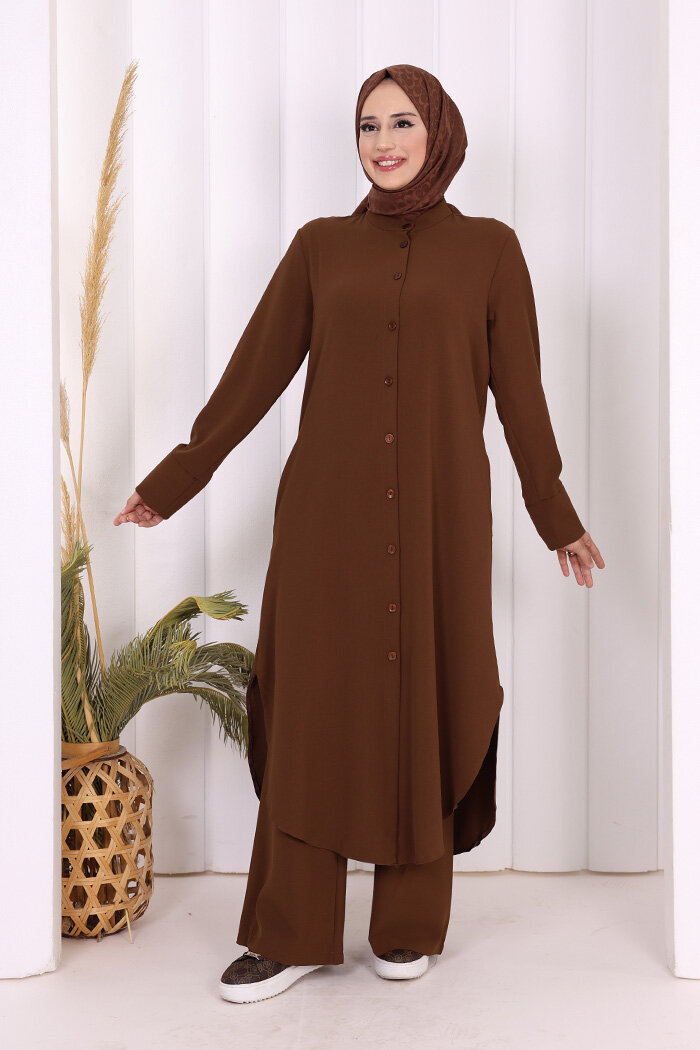 Düğmeli Cepli Tunik ve Pantolon İkili Takım 8682 Kahverengi