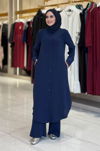 Düğmeli Cepli Tunik ve Pantolon İkili Takım 8682 Lacivert 