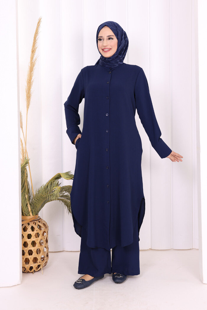 Düğmeli Cepli Tunik ve Pantolon İkili Takım 8682 Lacivert