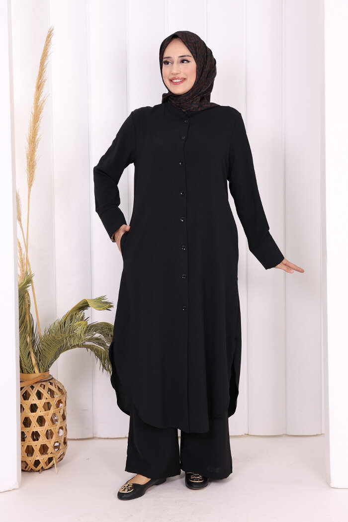 Düğmeli Cepli Tunik ve Pantolon İkili Takım 8682 Siyah