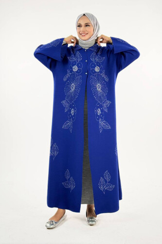 Düğmeli Çiçek Desenli Triko Hırka 18310 Saks - Bym Fashion