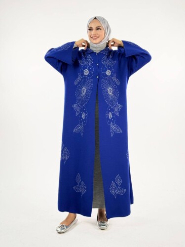 Düğmeli Çiçek Desenli Triko Hırka 18310 Saks - 4