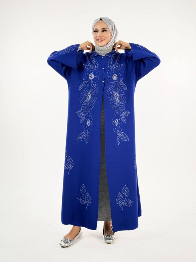 Düğmeli Çiçek Desenli Triko Hırka 18310 Saks - 4