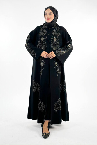 Düğmeli Çiçek Desenli Triko Hırka 18310 Siyah-Gold - Bym Fashion