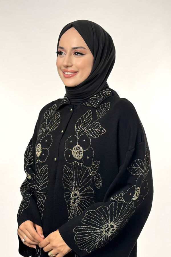 Düğmeli Çiçek Desenli Triko Hırka 18310 Siyah-Gold - 4
