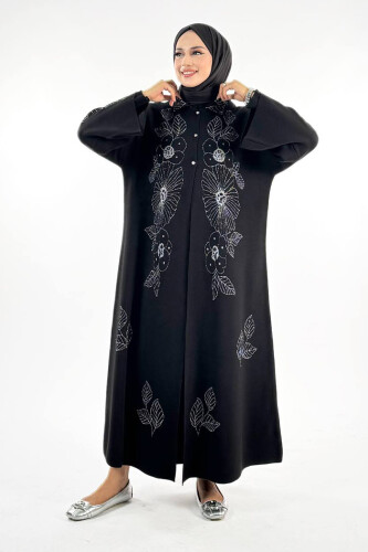 Düğmeli Çiçek Desenli Triko Hırka 18310 Siyah-Gümüş - Bym Fashion